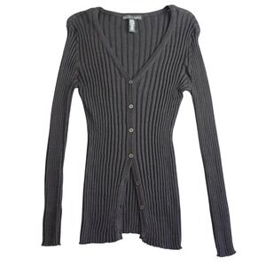Vtg Y2K Cardigan Womens L Black Ribbed V-Neck Long Dark Academia 90s Minimalist